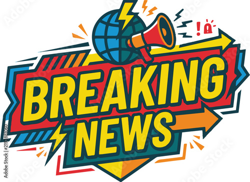 Vector graphic illustration of Breaking News quote banner with globe motif.