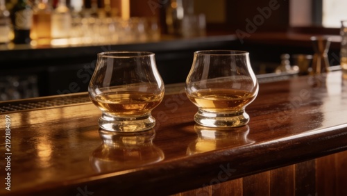 Whiskey in glencairn glasses on bar counter