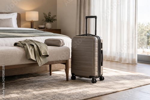 Modern grey hard shell rolling travel suitcase standing on a rug in a bright neutral bedroom next to a bed and bench with a folded shirt
