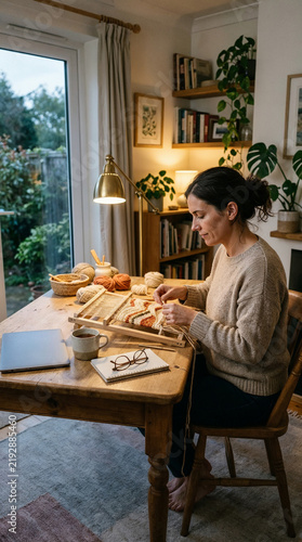 Woman weaving on a frame loom at a wooden table in a cozy room, handmade craft