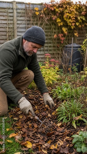 Mature bearded man wearing a beanie hat kneeling on the ground and using a hand fork to clear fallen autumn leaves from a garden bed during fall yard maintenance