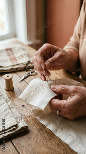 Person hand sewing a linen fabric with a needle and thread at a wooden table, handmade craft