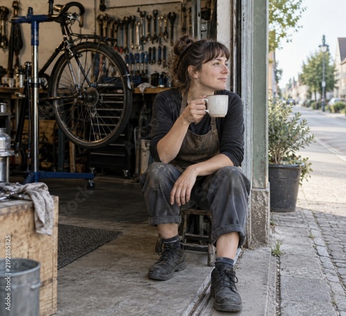 Young female bicycle mechanic wearing an apron sitting at the open doorway of her repair shop drinking coffee and looking thoughtfully down the street during a morning break
