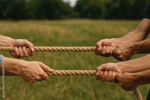 Four hands gripping a thick rope from opposite sides, engaged in a tug-of-war in an outdoor grassy field.