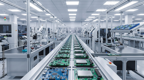 Automated electronics manufacturing facility with robotic assembly arms conveyor belts and circuit boards on a high tech production line