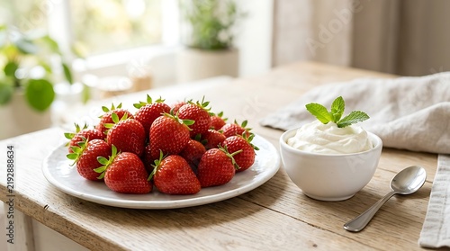 Fresh whole strawberries on a white plate served with a bowl of whipped cream and mint leaf