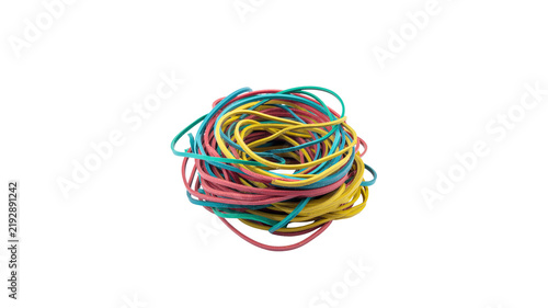 Heap pile of colorful elastic rubber bands isolated on white background