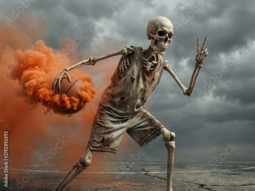 Skeleton basketball player with orange smoke during a dramatic storm conceptualizing the end of a game