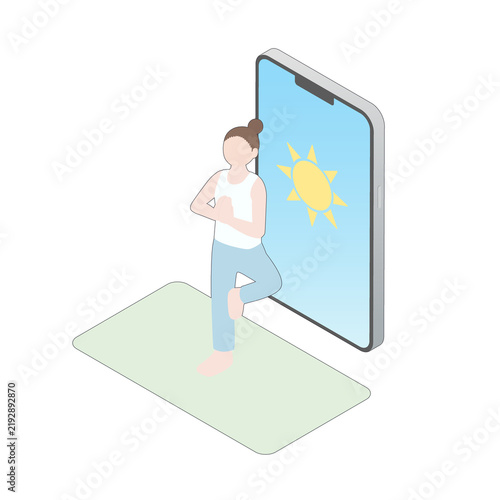 Isometric illustration of woman doing yoga tree pose beside phone