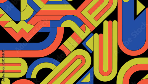 Vibrant geometric composition featuring layered triangles and contrasting graphic forms