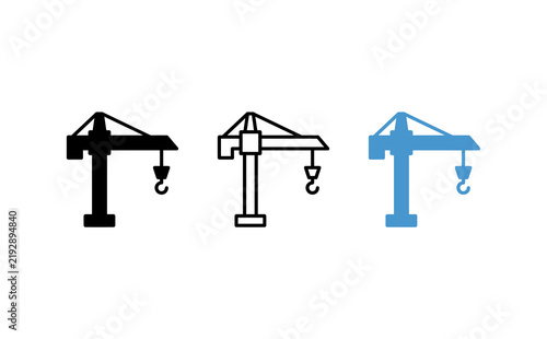 Construction crane icon set, industrial tower crane symbols in black solid, outline, and blue styles, heavy machinery vector design elements