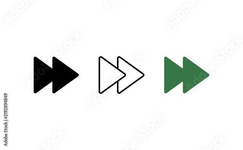 Fast forward icon set in black, outline, and green styles. Media player control symbols, next track and skip buttons for UI design