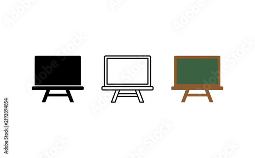 Minimalist blackboard icon set on wooden easel, simple school chalkboard vector illustration, classroom presentation board graphic elements