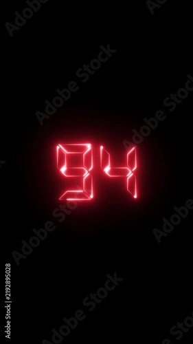 Glowing red digital number 94 neon countdown timer on black background, ninety-four
