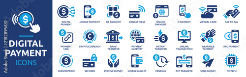 Digital Payment Icon Set. Containing Mobile payment, Contactless, QR, Wallet, Transfer and Online Payment Solid Vector Icons Collection