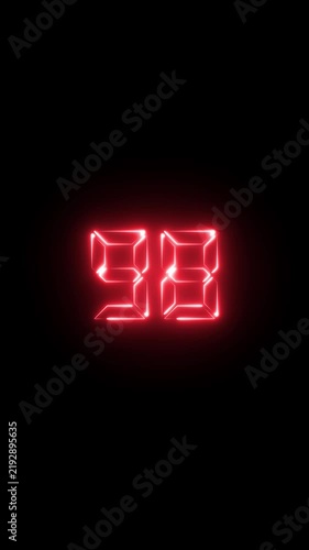 Glowing red digital countdown timer number 98 on black background, neon led style display for motion and broadcast