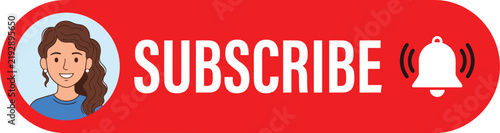 Subscribe button with portrait and notification bell icon on a red background