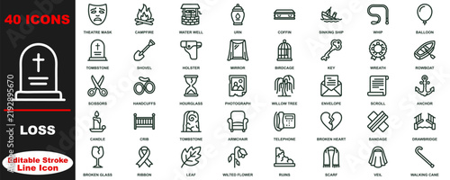 Loss editable stroke line icon set helps illustrate grief and mourning concepts with outline symbols.