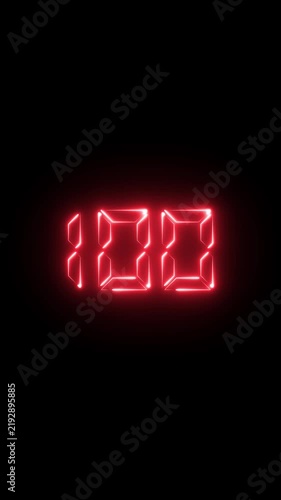 Glowing red digital number 100 neon countdown timer on black background