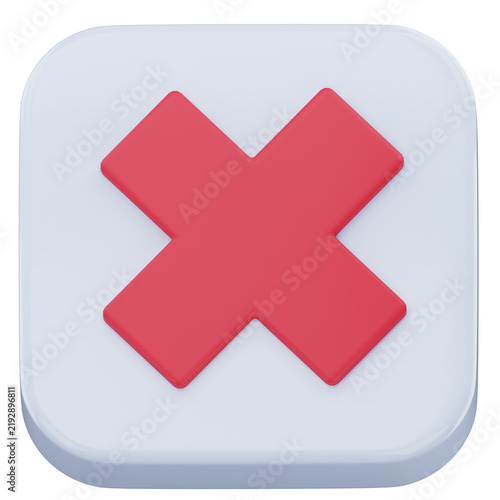 Canvastavla Red cross mark on white square button 3D rendering for delete app button