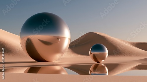 Surreal minimalist landscape featuring giant metallic chrome spheres on sand dunes with water reflection