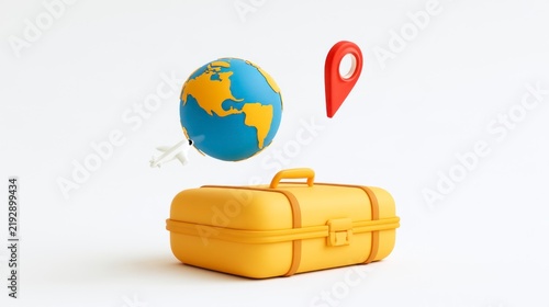 3D Illustration of Travel and Tourism Concept with Suitcase, Globe, Airplane and Location Pin
