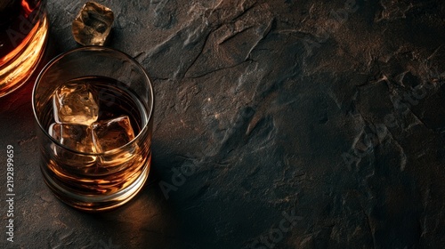 Whiskey with ice cubes in a glass on a dark, textured stone background with copy space