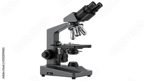 Modern gray compound microscope with dual eyepieces, isolated on transparent background