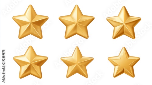 Set of six glossy 3D golden stars isolated on white background, symbol of rating and achievement
