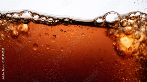 Macro close-up of refreshing cola soda with ice cubes and fizzy gas bubbles