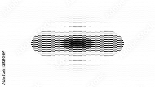 Oval shape composed of small black dots with a dense center fading outwards on a white background, creating a soft, circular gradient effect