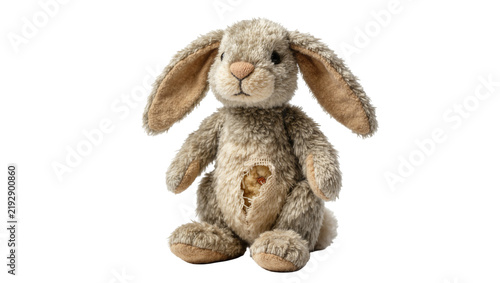Fotografie Fluffy grey plush bunny toy with torn belly showing stuffing, isolated on transp