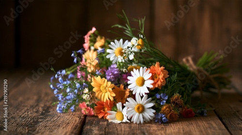 Beautiful Bouquet of Assorted Wildflowers Lying on a Dark Rustic Wooden Background