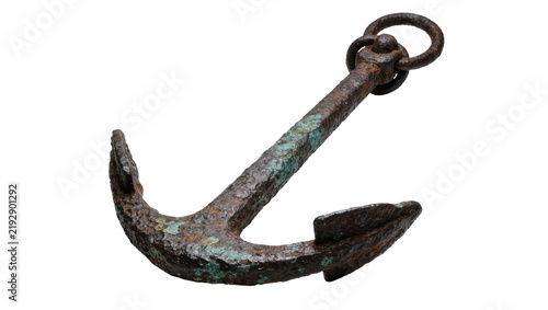 Fotografie Rusty weathered metal anchor with verdigris patina, isolated on transparent back