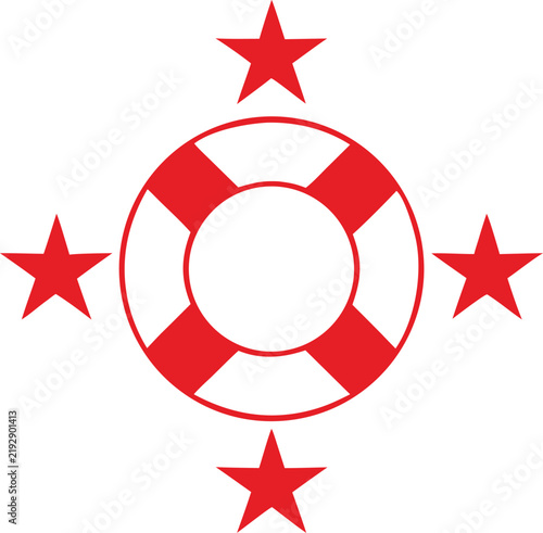 Red lifebuoy and stars, marine safety object, nautical emblem, ocean rescue symbol.