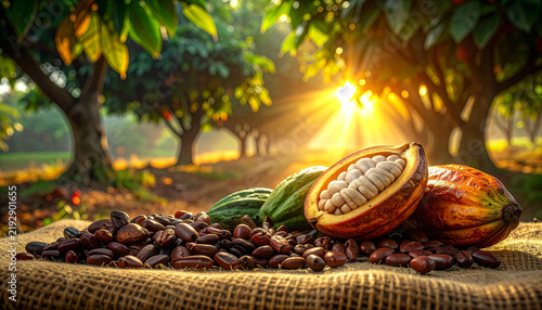 Fresh raw cocoa pods with white beans inside and a pile of dried aromatic cacao seeds with a burlap sack on a rustic cloth surface during harvest time