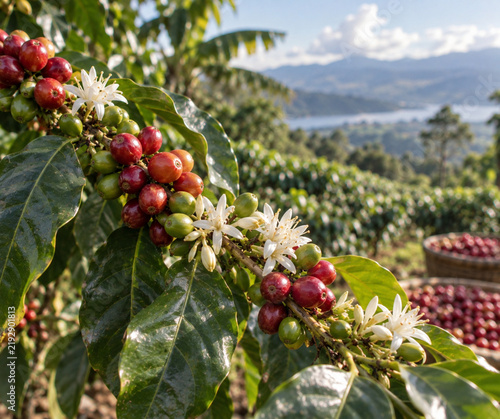 Coffee cherries and white blossoms growing on coffee plant