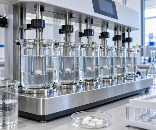 Pharmaceutical tablet dissolution testing apparatus in laboratory