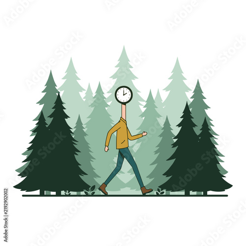 Clock Head Person Walking in Pine Forest
