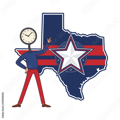Texas Map with Patriotic Star and Clock Head Character
