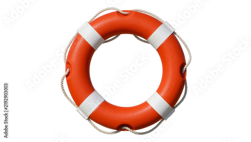Фотография Bright orange life preserver ring with white stripes and rope, isolated on trans