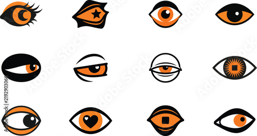 orange eyes with various designs on black background