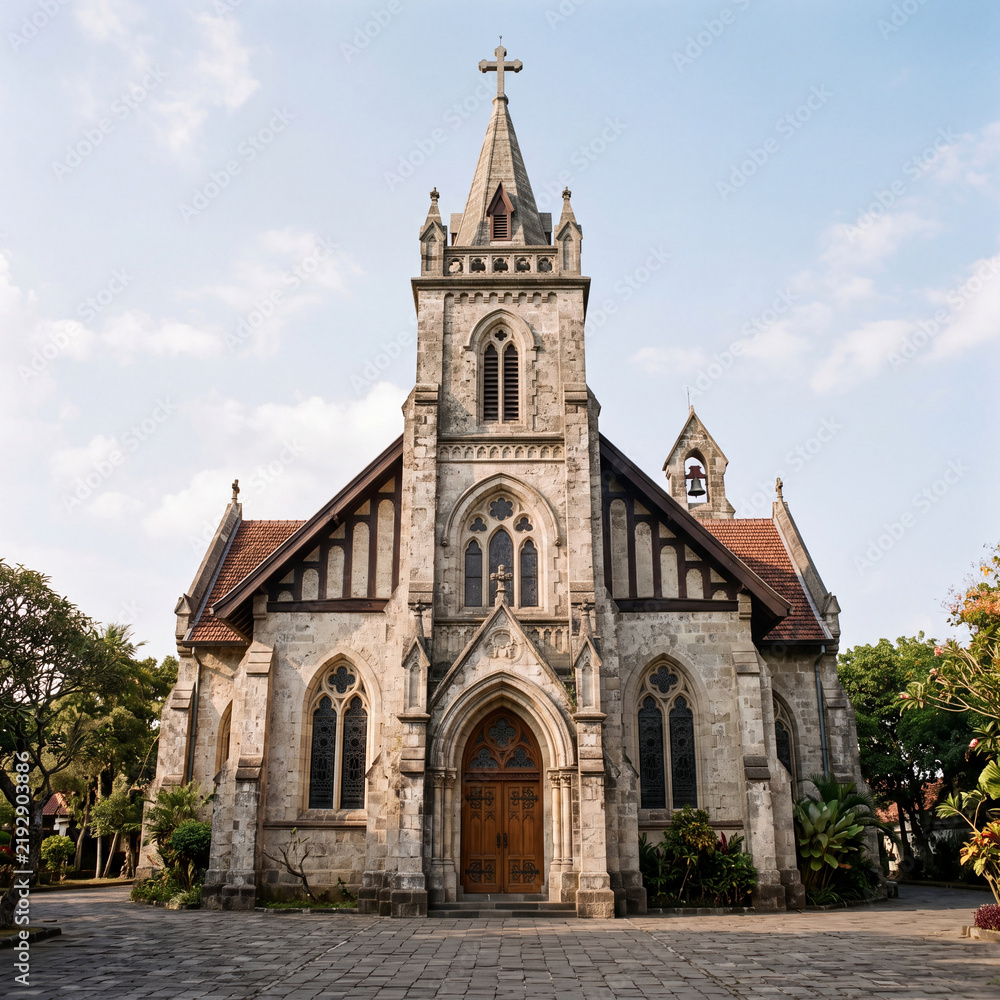 Fototapeta premium Historic Gothic Church Building with Tower and Steeple in Town.