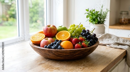 Abundant variety of fresh fruits including citrus, berries and grapes in a bowl