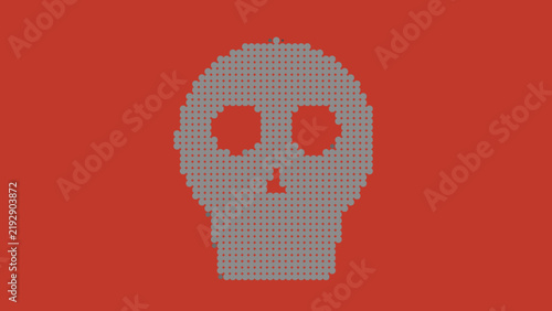 Stylized skull created from a black halftone dot pattern set against a solid red background, representing a minimalist symbol