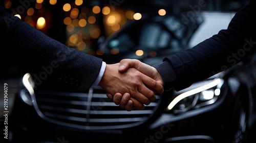 Two men engage in a handshake beside a sleek luxury vehicle in a contemporary showroom illuminated by evening light
