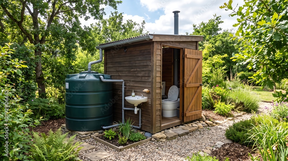 Obraz premium An eco-friendly rustic wooden outdoor composting toilet cabin equipped with a rainwater harvesting system in a lush green backyard garden setting