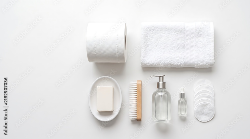 Obraz premium A flat lay composition featuring an organized assortment of personal hygiene and bath essentials including a soft white towel, toilet paper, soap, a wooden nail brush, and skincare serum bottles