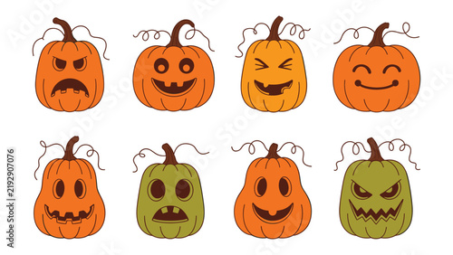 Set of eight hand drawn style halloween pumpkin jack-o-lantern faces with jack o lanterns halloween pumpkins carved pumpkins doodle pumpkins
