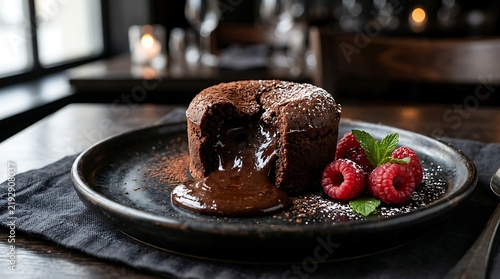 Gourmet chocolate lava cake with molten center served with fresh raspberries and mint on dark plate